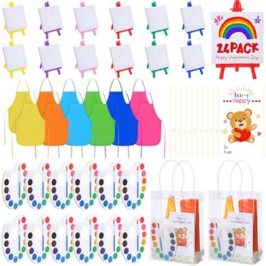 Imagem de AmazingSpark 24 Set Valentine's Day Mini Watercolor Paint Set Bulk with Easel, Canvas, 12 Colors Watercolor Palette, Brush, Clear Bag, Gift Card, Painting Apron for Party Art Supplies (Multicolors)