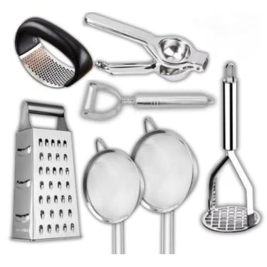Imagem de Kit 7 Peças Ralador Peneiras Espremedor Limão Descascador Legumes Amassador Batata Alho Casa Cozinha Utensílios de Natal(KIT 7 PEÇAS COMPLETO)