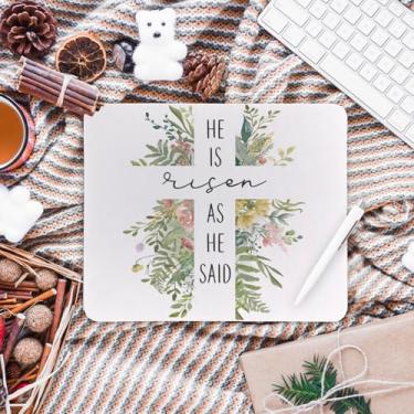 Imagem de Tapete de mouse cristão He is Risen, mouse pad floral cruz religiosa versículo da Bíblia mousepad para escritório em casa, dormitório, laptop, computador, acessórios de mesa, suprimentos, presentes