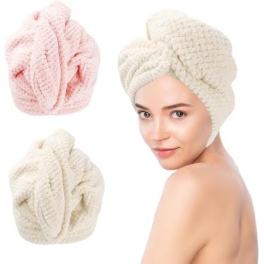 Imagem de Envoltório de toalha de cabelo de microfibra para mulheres, pacote com 2 toalhas de cabelo para mulheres, super absorvente, secagem rápida, toalha de turbante de cabelo anti-frizz para mulheres