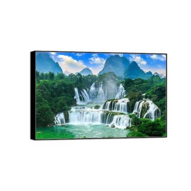 Imagem de Quadro preto arte de parede paisagem impressões em tela - Cachoeira floresta árvore decoração pintura quadros para quarto 30x45cm12x18in