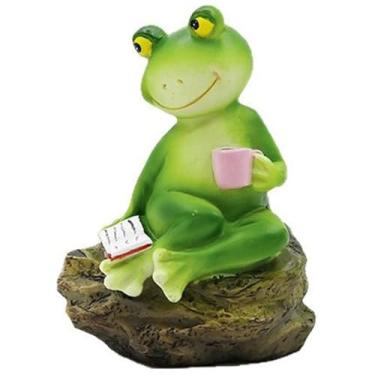 Imagem de Escultura de animal pequeno, sapo de jardim lendo um livro sentado em uma pedra ornamentos de mesa estátua de arte interna e externa, verde