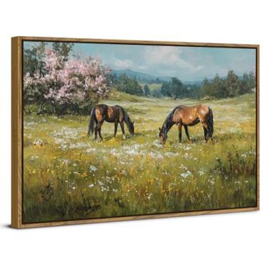 Imagem de Arte de parede de cavalo vintage decoração de parede quarto paisagem francesa tela emoldurada de madeira pinturas de cavalos animais de fazenda impressões de pôster arte para cozinha sala de estar