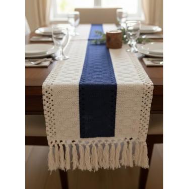 Imagem de Caminho de mesa rústico Boho com borlas de 30,4 x 139,7 cm para casa de fazenda, macramê, bege e azul