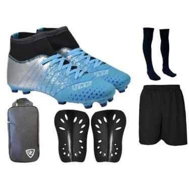 Imagem de Chuteira Campo Botinha UZ Cravo Adulto + Caneleira Meião Short Bolsa E