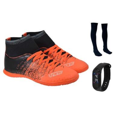 Imagem de Chuteira Futsal Futebol Botinha Costurada + Meião e Relógio Digital - 