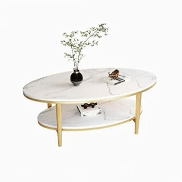 Imagem de Mesa central para sala de estar, mesa de centro oval, mesa de centro moderna de 2 camadas com prateleira de armazenamento, topo de ardósia com moldura de metal, mesa de coquetel, mesa de quarto (D)