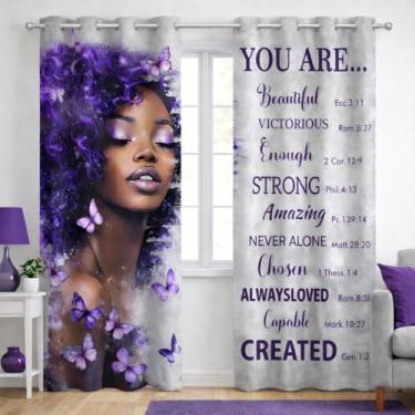 Imagem de Cortinas roxas afro-americanas para quarto e sala de estar, estampa de borboleta, citações inspiradoras, engraçadas, cortinas blackout femininas drapeadas para peitoril da janela, 2 painéis 106 x 213