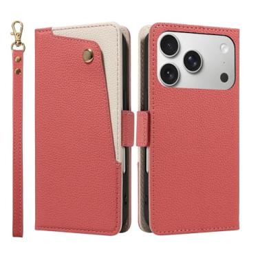 Imagem de Genérico Capa de couro com espelho For iPhone 17/17 Air/17 Pro/17 Pro MAX, capa com tampa e pulseira, suporte dobrável e proteção tudo incluído (Red, 17 Pro Max)