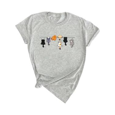 Imagem de Camiseta Casual Feminina Branca Com Estampa De Gato, Gola Redonda E Ma