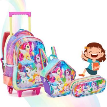 Imagem de Kit Mochila Rodinha Infantil Feminino Grande Denlex Unicornio C/ Alça,