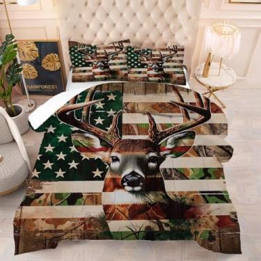Imagem de kxry Conjunto de edredom Queen com bandeira dos EUA, estampa camuflada, caçador, alce, floresta, veado, floresta, para meninos, crianças, adolescentes, estrelas dos EUA, listras, com 1 edredom + 2