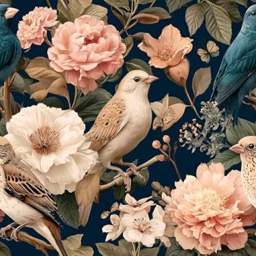 Imagem de Papel de parede floral vintage pássaro autoadesivo descascar e colar folha botânica colorida animal peônia papel de parede aquarela removível à prova d'água para quarto locatário prateleira armário