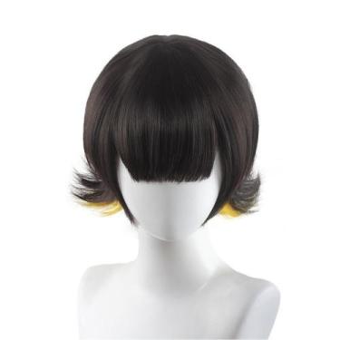 Imagem de Peruca de cosplay, anime, curta, marrom com pontas amarelas, 30 cm, re