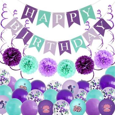 Imagem de Conjunto de decoração de aniversário Mermaid Theme 39 peças Purple Aqu