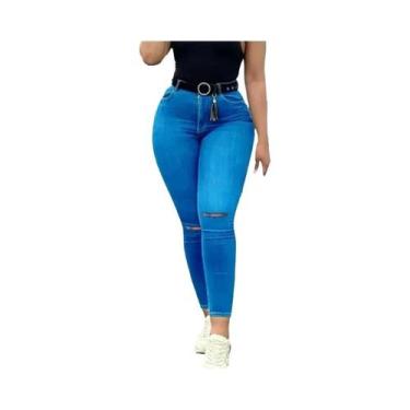 Imagem de Calça Jeans Lápis Feminina De Cintura Alta, Ajuste Slim, Com Rasgos No