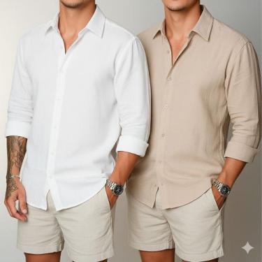 Imagem de Kit 2 Camisa de Linho Manga Longa Masculina Social Confortável Casual 