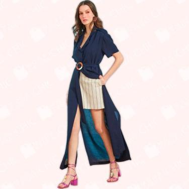 Imagem de Vestido Longo Botões Frente Azul Marinho - Moda Casual Chic, 40