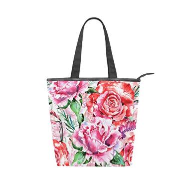 Imagem de Bolsa feminina de lona durável flor silvestre rosa grande capacidade sacola de compras bolsa de ombro