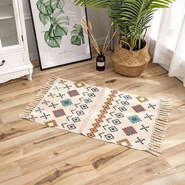 Imagem de jia cool Tapete de área de algodão boêmio, feito à mão, tapete de borlas para área interna, banheiro, quarto, sala de estar, tapete para lavanderia 60 x 90 cm