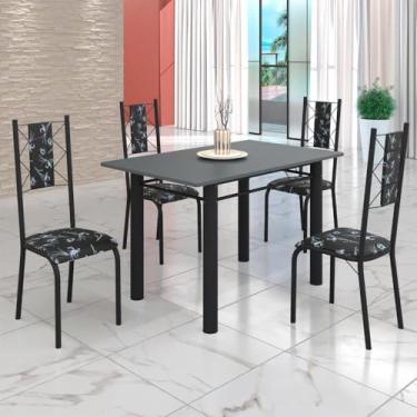 Imagem de Conjunto Sala de Jantar Bahia Mesa Tubo 120x75cm Tampo Pedra com 4 Cadeiras Preto Floral/preto Fosco