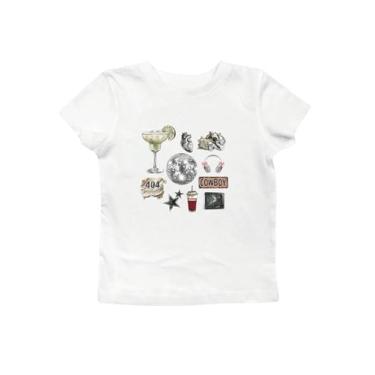 Imagem de Floerns Camiseta feminina com estampa de laço e gola redonda casual manga curta, Creme branco, M