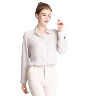 Imagem de Camisa feminina de seda manga comprida botões sólida blusa outono inverno escritório chique, Prata, G