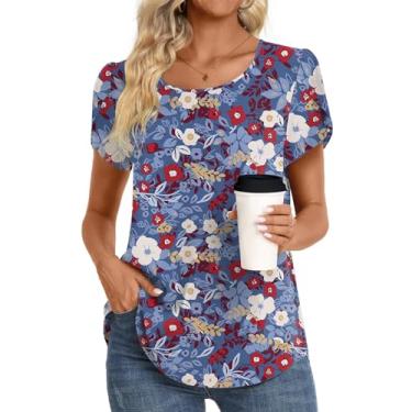 Imagem de HOTGIFT Camiseta feminina casual confortável solta leve túnica tops macia elástica camiseta blusa básica, Flor azul mista, M