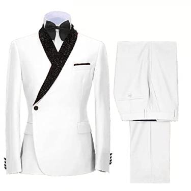 Imagem de Sxfashbrd Blazer masculino slim fit, conjunto de 2 peças, jaqueta de smoking, dia a dia, negócios, festas, padrinhos, blazer para casamento, Branco, 5X-Large