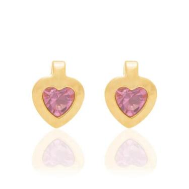 Imagem de Brincos Rommanel Infantil Coração Cristal Rosa 524296, Dourado