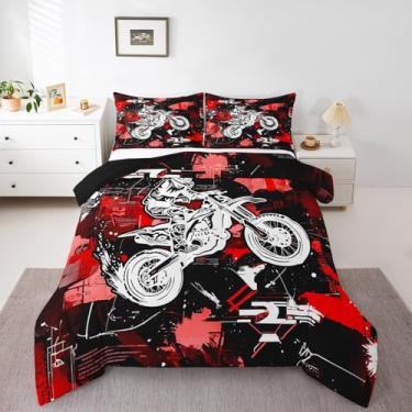 Imagem de Feelyou Conjunto de edredom infantil, vermelho, motocross, esportes radicais, para meninos, meninas, adolescentes, 3 peças