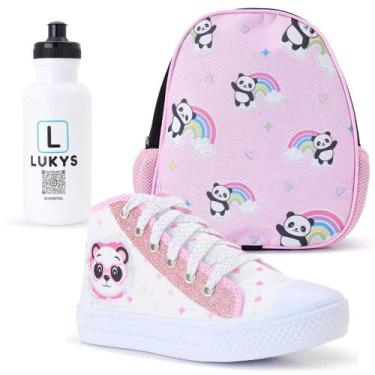 Imagem de Kit Tênis Infantil Feminino Panda + Mochila Garrafinha - LUKYS CALÇADO