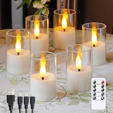 Imagem de Wroxipel Velas votivas acrílicas recarregáveis sem chamas com temporizador e controle remoto, 4,3 cm x 6,3 cm cintilante LED quente para casa, casamento, decoração de férias (conjunto de 6, branco)