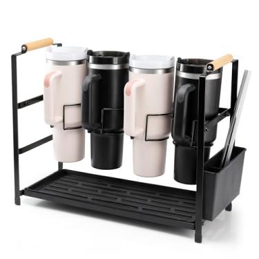 Imagem de Ftikvo Organizador de garrafa de água para copo de 1,134 g com alça, organizador de copos Stanley Rack de secagem para organizador de armários de cozinha, 4 compartimentos, ferro preto