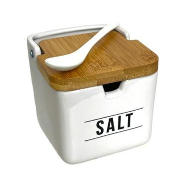 Imagem de Saleiro Manhattan Em Porcelana Mesa Tampa Bambu C/Colher - Hauskraft, 