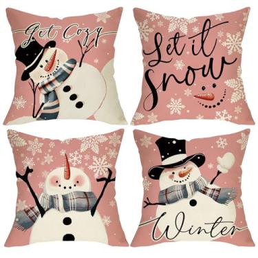 Imagem de Fjfz Capas de almofada decorativas de boneco de neve de inverno rosa 45,7 x 45,7 cm, conjunto com 4, Let It Snow, floco de neve, varanda, decoração de casa, decoração de casa, seja aconchegante para