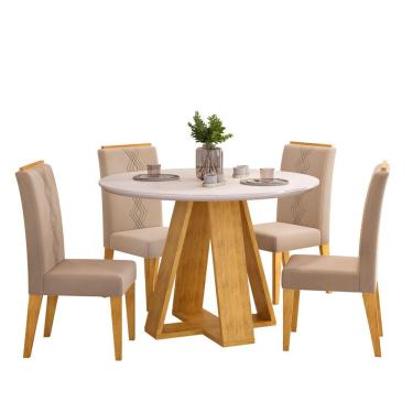 Imagem de Conjunto Sala De Jantar 4 Cadeiras Tampo Redondo Com Vidro Kiara Cedro Off White Yasmin Veludo Kraft - Dj Móveis