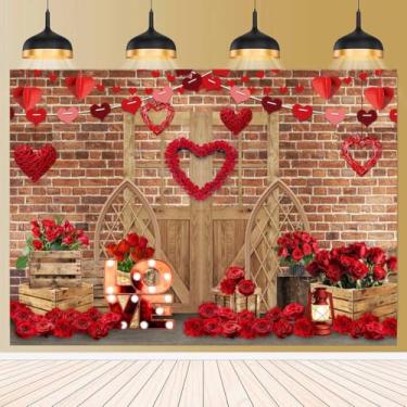 Imagem de Cenário fotográfico de feliz dia dos namorados para decoração de festa de chá de bebê, parede de tijolos, porta de madeira e flor de rosa vermelha, luzes de coração de amor, fundo de decoração de