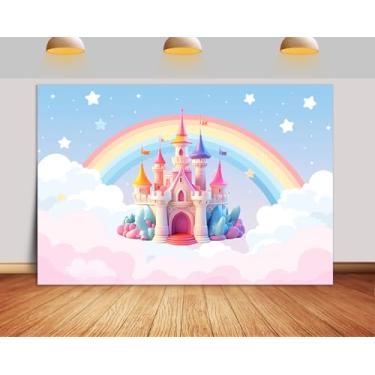 Imagem de 2,8 x 1,2 m arco-íris desenho animado princesa castelo pano de fundo colorido aquarela pastel feliz aniversário para meninas, decoração de festa, adereços de cabine de fotos