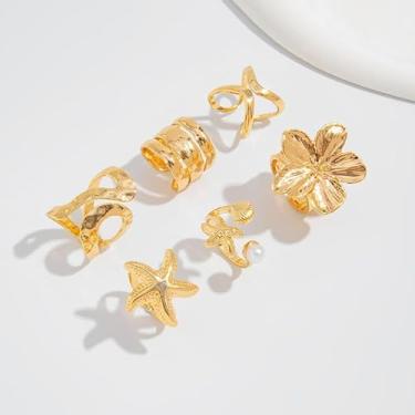 Imagem de Conjunto de anéis dourados grossos para mulheres, flores empilháveis e estrelas do mar, joias ousadas para uso diário, presentes de amizade para mulheres dia dos namorados, Medium, Latão, Sem pedra