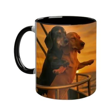 Imagem de Hamosky Dachshund Caneca de café de cerâmica para casais, design romântico de cachorro de 325 ml com alça preta, canecas de café divertidas para casais, novidades, 8 x 9,5 cm, para chá, leite, suco