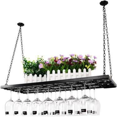 Imagem de Rack de vinho preto para pendurar no teto, suporte de armazenamento de garrafa de vinho de ferro para bar doméstico para cozinha montado na parede, copos de metal, prateleiras organizadoras flutuantes