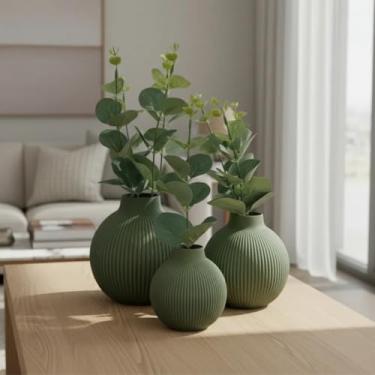 Imagem de Trio De Vasos Decorativos Com Flores de eucalipto Artificial Toque Real (Vaso VERDE/Folha VERDE)