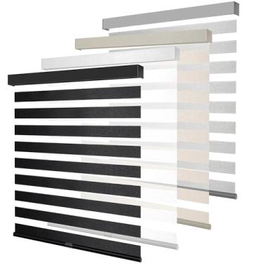 Imagem de KALYSIE Persianas de zebra sem fio para janelas, cortinas de janela de rolo de puxar para baixo Free-Stop com sanefa, filtração de luz de duas camadas transparentes para casa e escritório, preto, 96,5