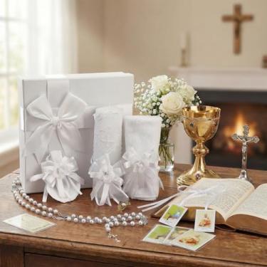 Imagem de Liliful Conjunto de 7 velas brancas de batismo, presentes de primeira comunhão, católico, para castiçais, rosário, pingente de alfinete, para padrinhos, convidados, decoração batizada, primeira