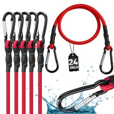 Imagem de 5 cabos elásticos de 61 cm com ganchos mosquetão, tiras elásticas de borracha resistente, cordão elástico com clipes de mosquetão para carga, caminhonete, acampamento, motocicleta e uso ao ar livre