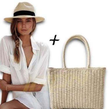 Imagem de Kit Chapéu Palha + Bolsa Casual Praia Feminino ABA MÉDIA PANAMÁ 337-Unissex