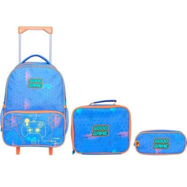 Imagem de Kit Mochila Escolar Rodinhas Com Lancheira E Estojo Para Meninos - Good Game - Yins Kids Azul