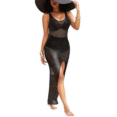 Imagem de Saída de praia sexy feminina casual transparente de malha de crochê vestido de verão, Preto, XX-Large