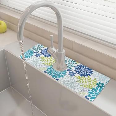 Imagem de Tapete de torneira de pia de cozinha de 38 cm x 14 cm floral super absorvente protetor de torneira de secagem rápida e tapete de drenagem pia protetor de respingos atrás da torneira para cozinha